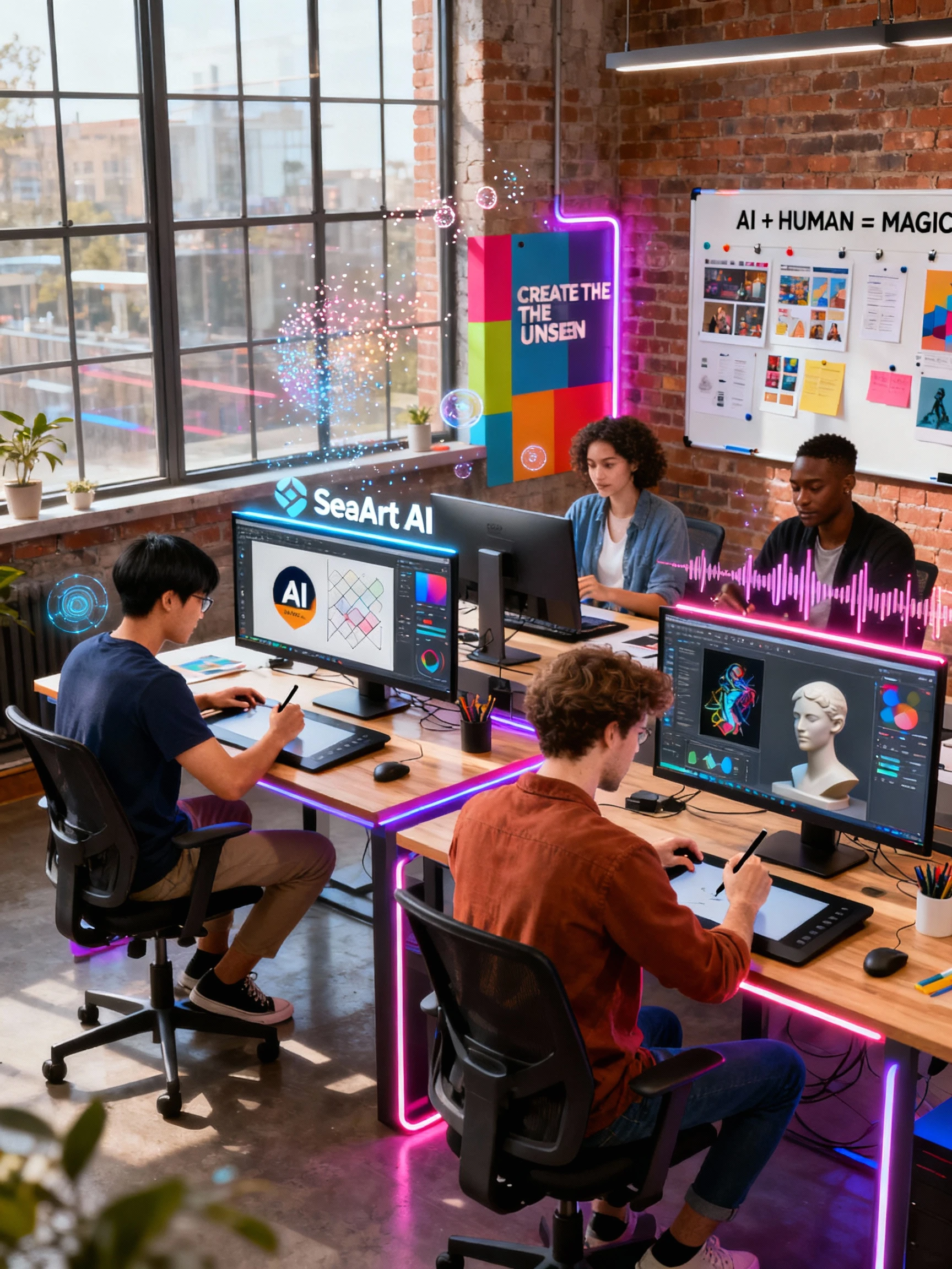 Professional workspace showing various SeaArt AI applications